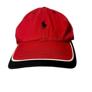 Vintage Polo Ralph Lauren Hat Mens Strap Back Buckle Red Black Pony Logo Cap